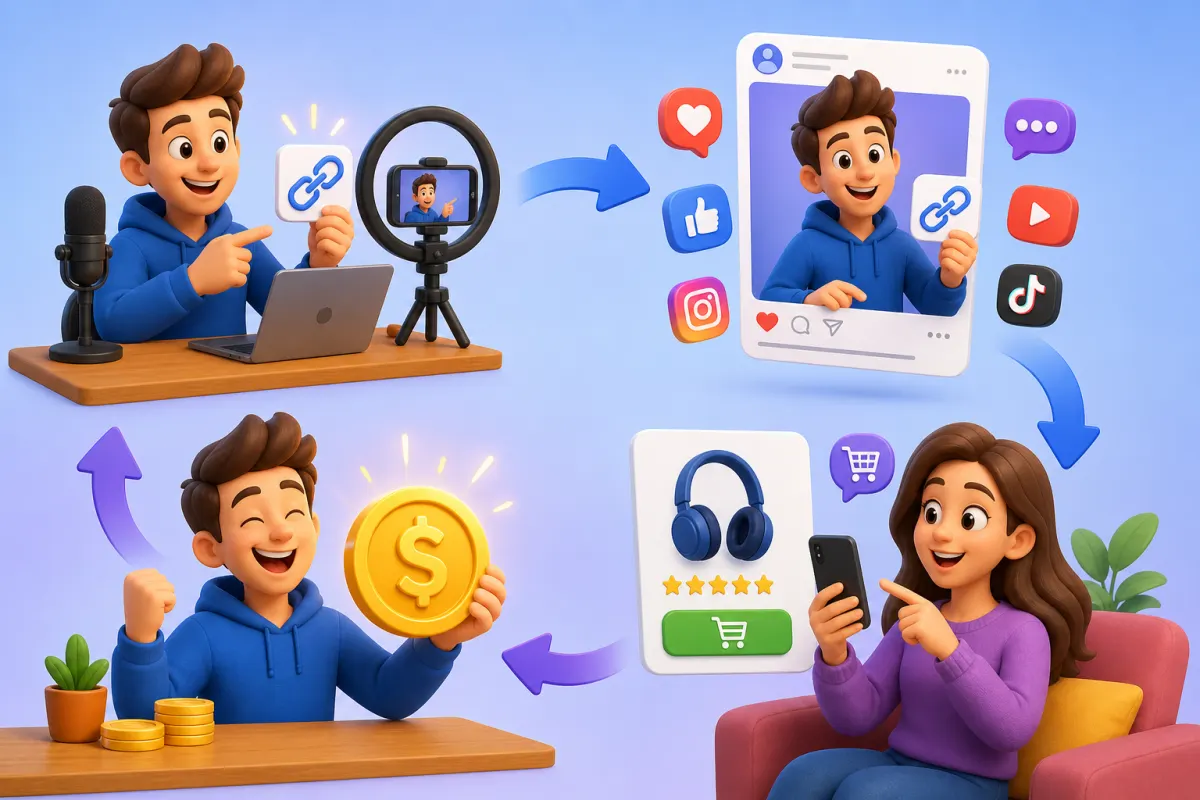 Ilustrasi alur affiliate marketing dari kreator membagikan link unik hingga pembeli checkout dan komisi diterima