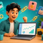 Ilustrasi kreator konten pemula memantau komisi affiliate marketing di laptop