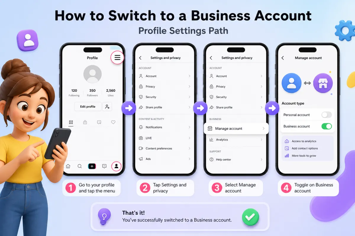 Ilustrasi menu pengaturan TikTok untuk beralih ke akun bisnis agar kolom link bio muncul