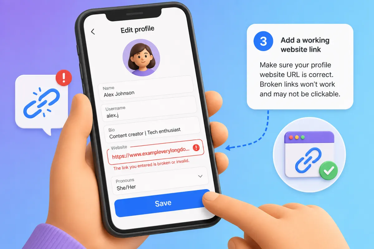 Contoh kolom URL website di edit profil Instagram dengan link terpotong satu karakter