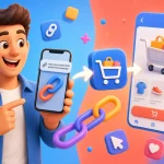 Ilustrasi marketer memegang smartphone dengan deep link yang mengarah langsung ke halaman spesifik di aplikasi