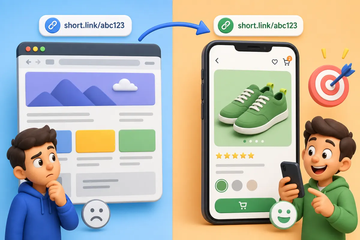 Ilustrasi perbandingan link biasa yang membuka homepage dengan deep link yang langsung menuju halaman produk di aplikasi mobile