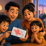Ilustrasi keluarga mengecek peta coverage Internet Rakyat di smartphone di rumah