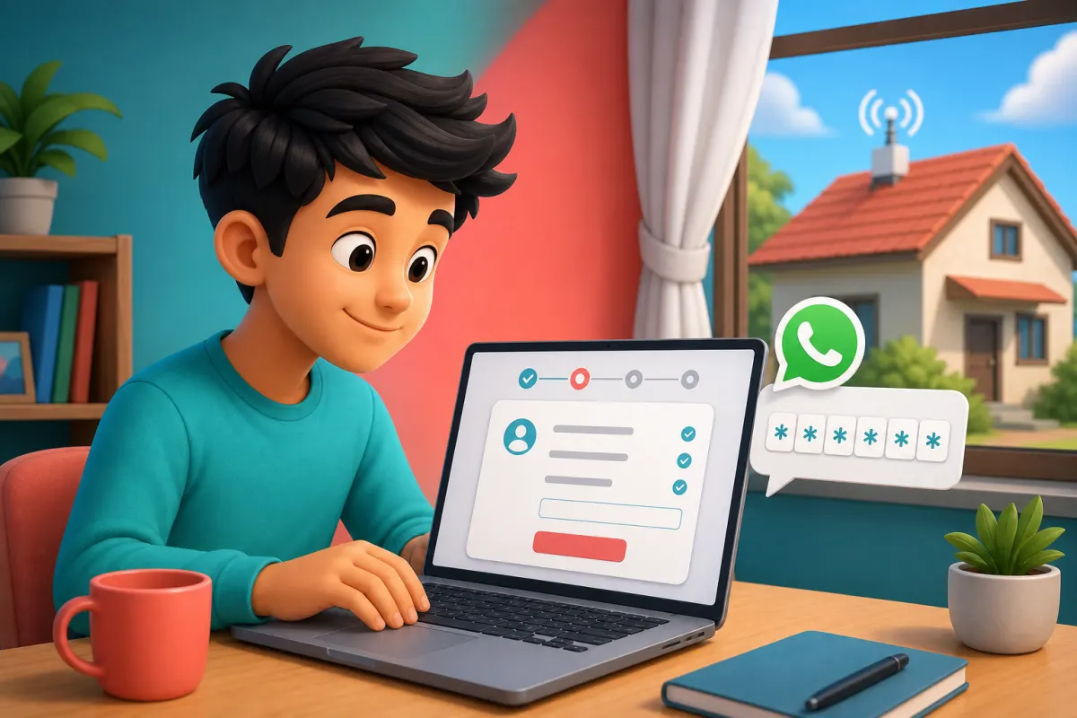 Ilustrasi calon pelanggan mendaftar Internet Rakyat online dan verifikasi OTP lewat WhatsApp