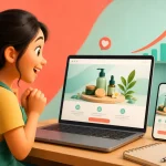 Ilustrasi pemilik UMKM meninjau landing page produk di laptop dan smartphone