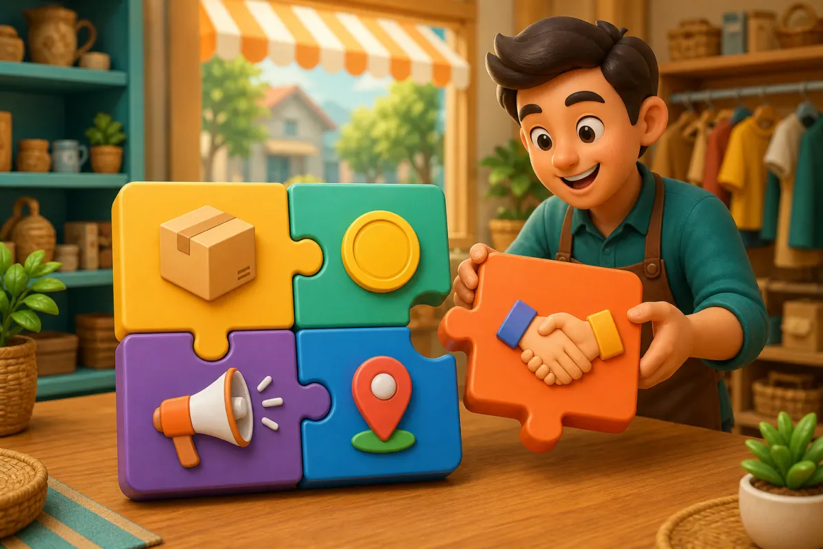 Ilustrasi lima elemen marketing mix sebagai puzzle yang disusun pemilik UMKM digital