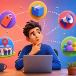 Ilustrasi digital marketer menyusun elemen marketing mix produk harga promosi dan distribusi