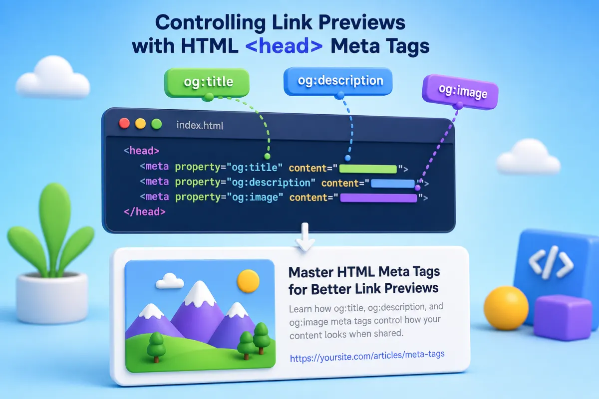 Ilustrasi tag Open Graph og:title og:description dan og:image untuk preview link WhatsApp