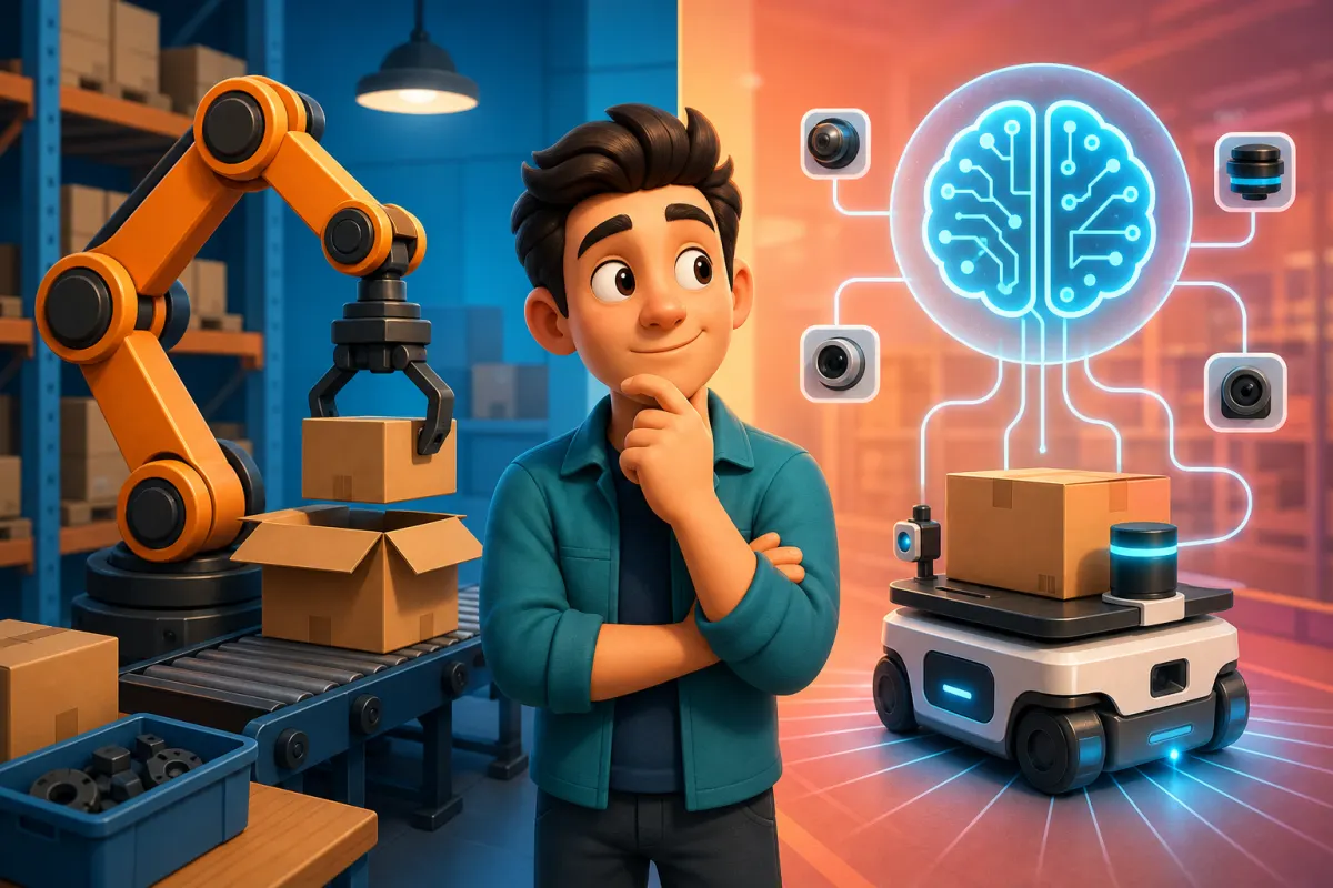 Ilustrasi perbandingan lengan robot industri tradisional dengan robot berbasis sensor dan kecerdasan buatan
