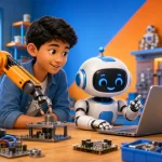 Ilustrasi pelajar mengamati lengan robot dan robot humanoid kecil di meja kerja