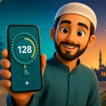 Ilustrasi orang menggunakan aplikasi tasbih digital counter zikir di smartphone