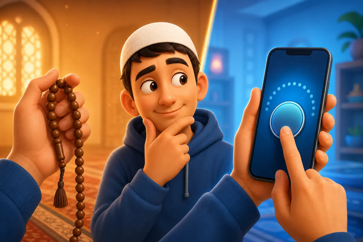 Ilustrasi perbandingan tasbih fisik di tangan dengan counter zikir digital di layar smartphone