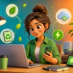 Ilustrasi kreator digital menerapkan teknologi ramah lingkungan di meja kerja dengan simbol energi hijau